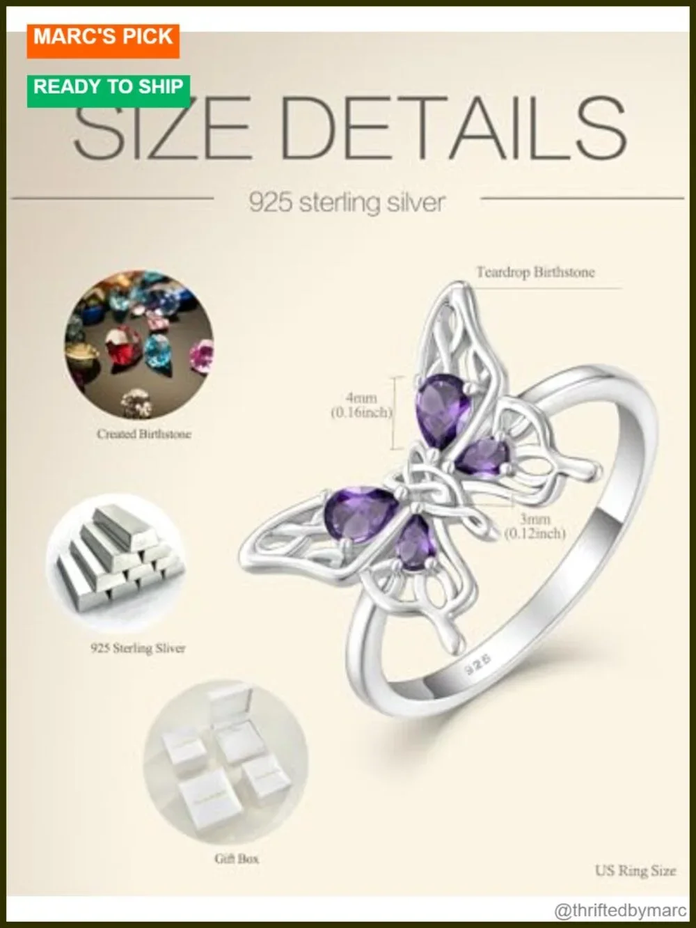 Sterling Silver 18K White Gold Plated Butterfly Birthstone Statement Band Ring